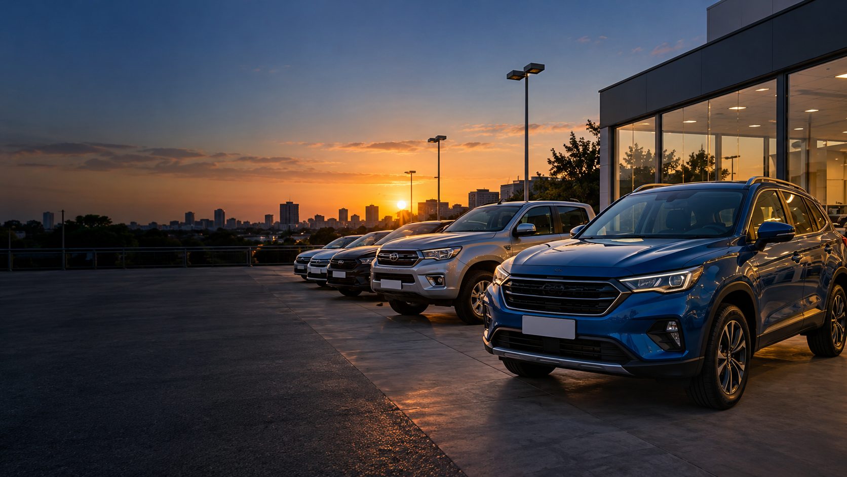 Playón de la agencia con autos usados al atardecer